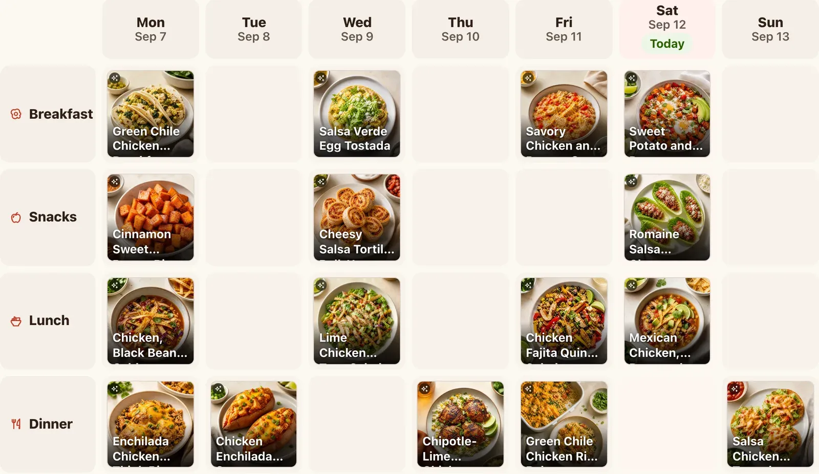 The meal calendar: a week of real dishes laid out by meal type and day