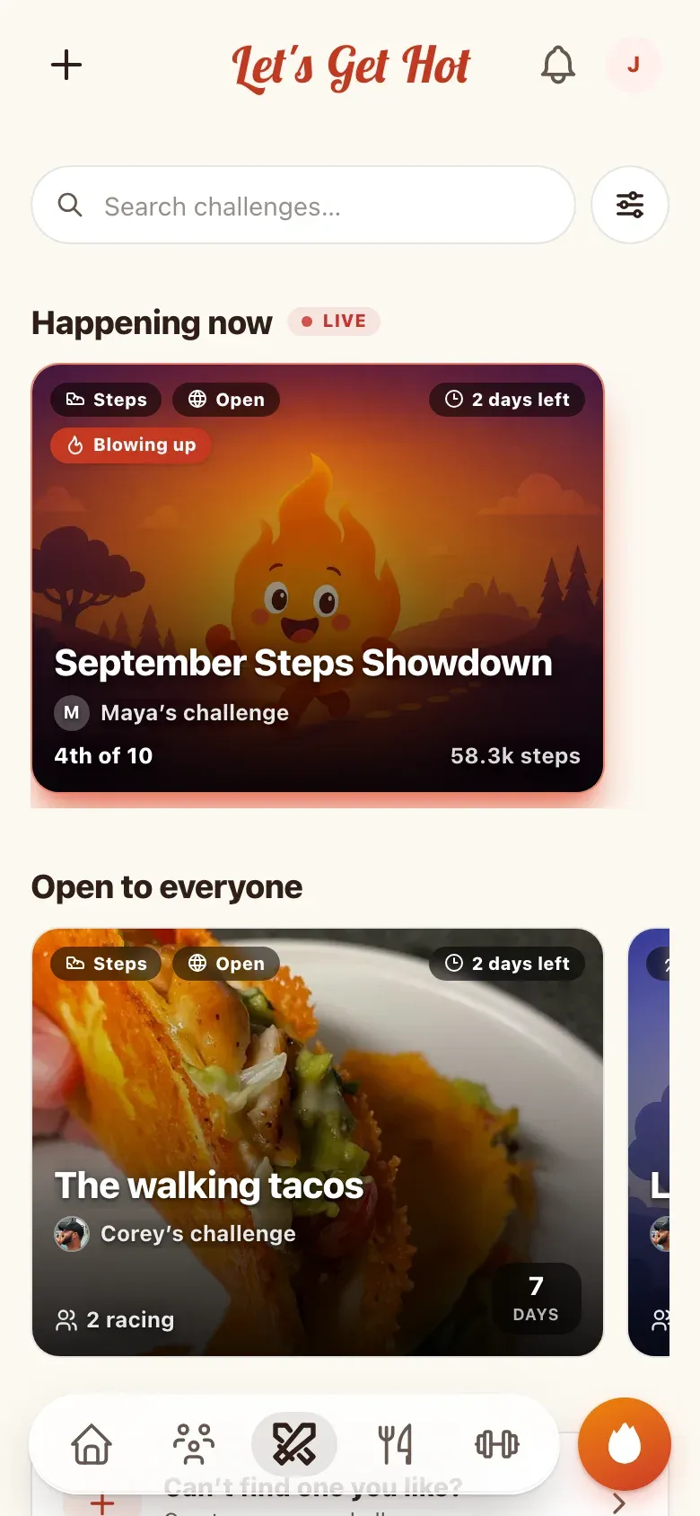 The challenges tab on an iPhone: a live step race happening now, above challenges open to everyone